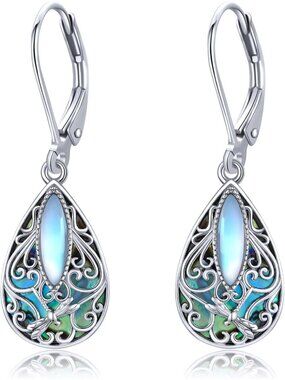 Women's Dragonfly Silver Teardrop Abalone Shell Drop Dragonfly Filigree Earrings